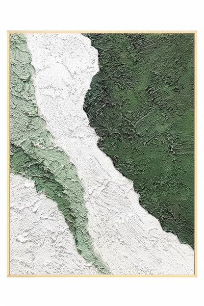 Abstract green white glacier river impasto oil painting no frame white background
