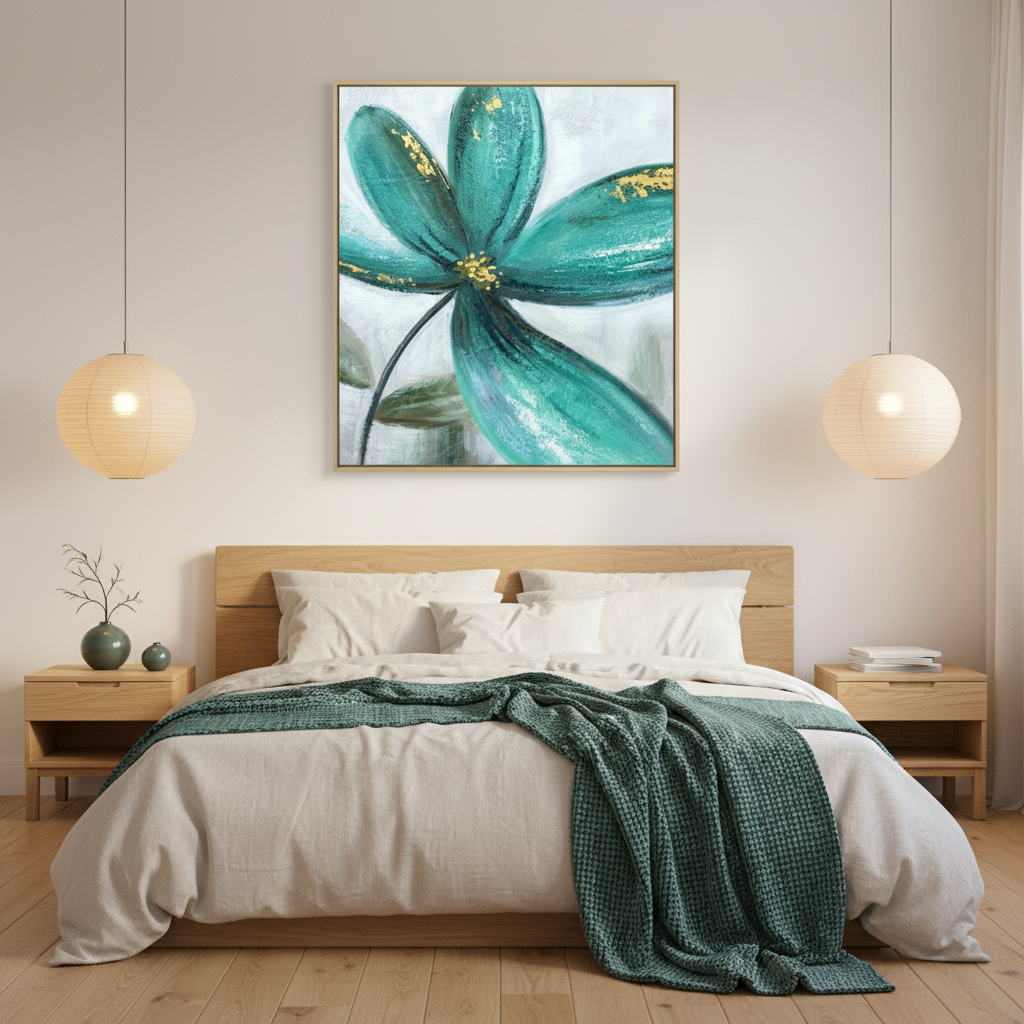 Teal peacock green flower gold accent oil painting in a Japandi bedroom