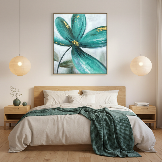 Teal peacock green flower gold accent oil painting in a Japandi bedroom