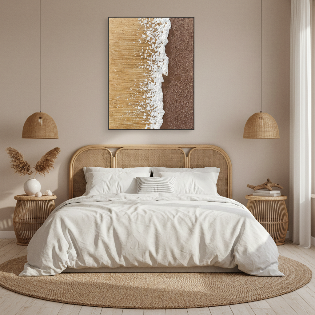 Abstract golden sand white ocean foam beach wave oil painting in a coastal bedroom