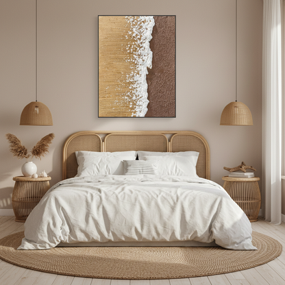 Abstract golden sand white ocean foam beach wave oil painting in a coastal bedroom