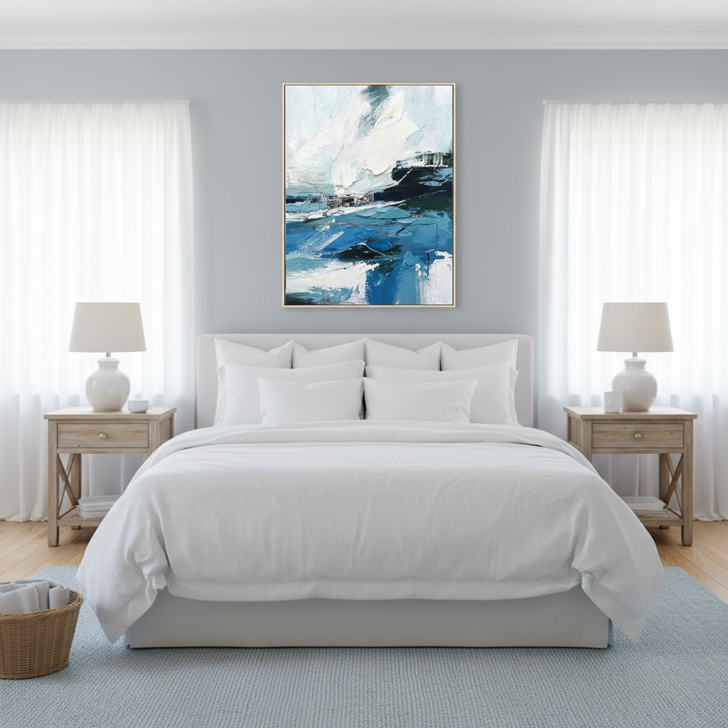 Abstract stormy seascape oil painting in a coastal Hamptons bedroom