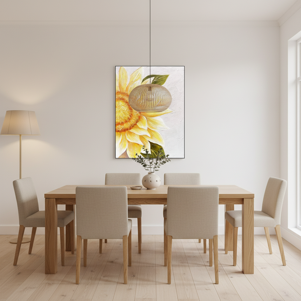 Lemon yellow sunflower oil painting in a Scandinavian dining room
