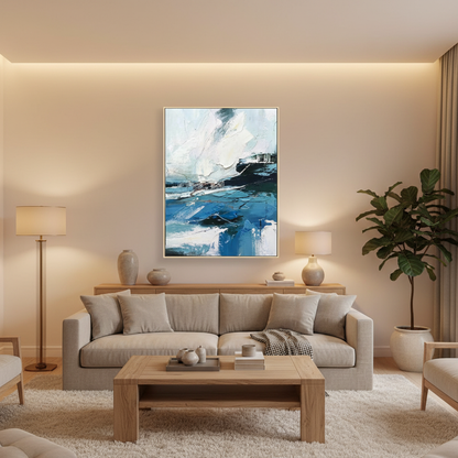 Abstract stormy seascape oil painting in a warm modern living room