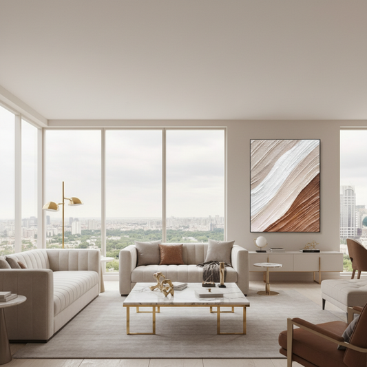 Abstract cream copper brown desert sand oil painting in a luxury modern living room