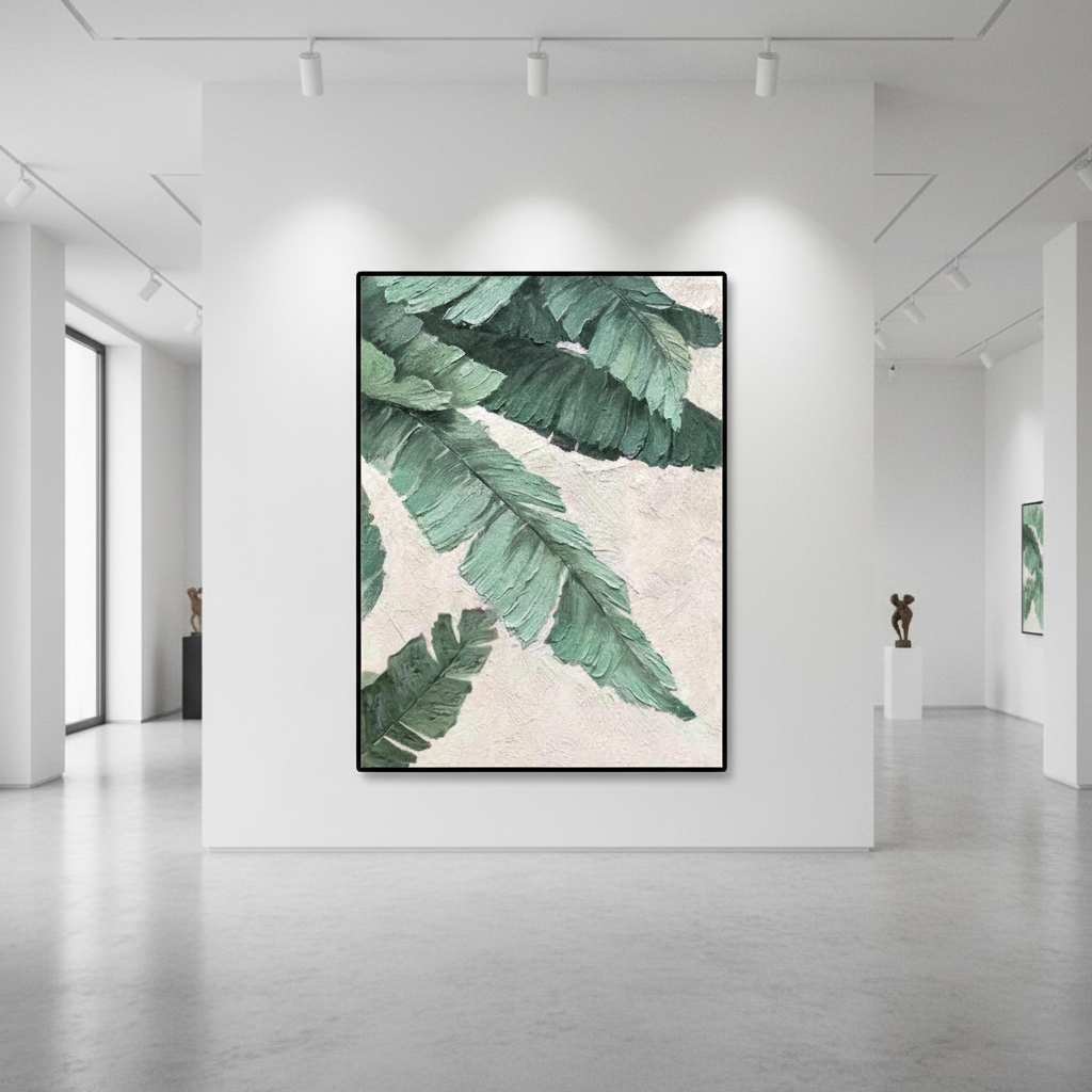 Tropical green banana palm leaf oil painting in an art gallery