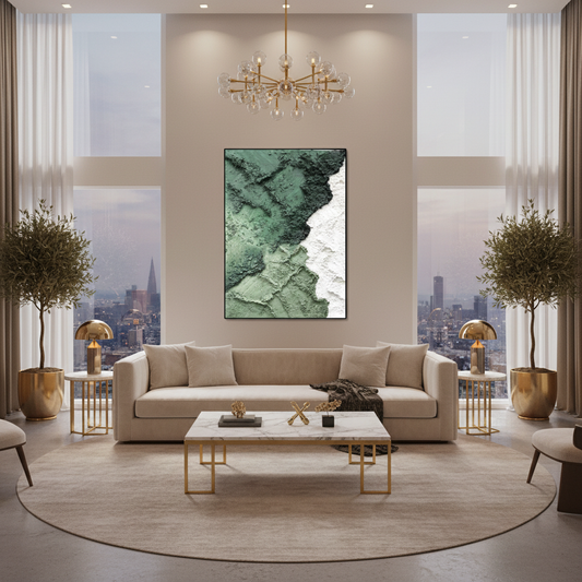 Abstract forest green white cliff oil painting in a luxury modern living room