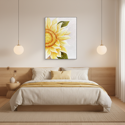 Lemon yellow sunflower oil painting in a Japandi bedroom