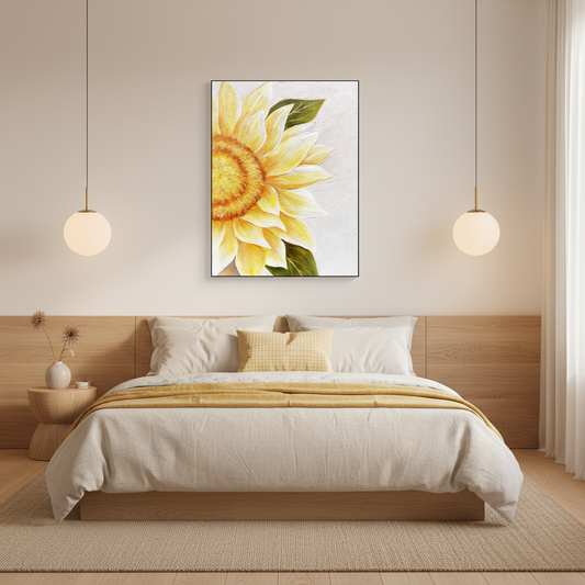 Lemon yellow sunflower oil painting in a Japandi bedroom