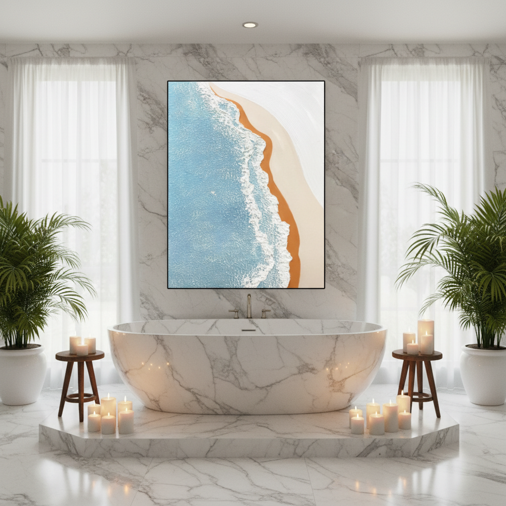 Aerial beach oil painting in a spa bathroom