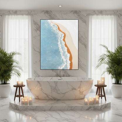 Aerial beach oil painting in a spa bathroom