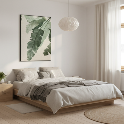 Dark forest green banana leaf oil painting in a Japandi bedroom