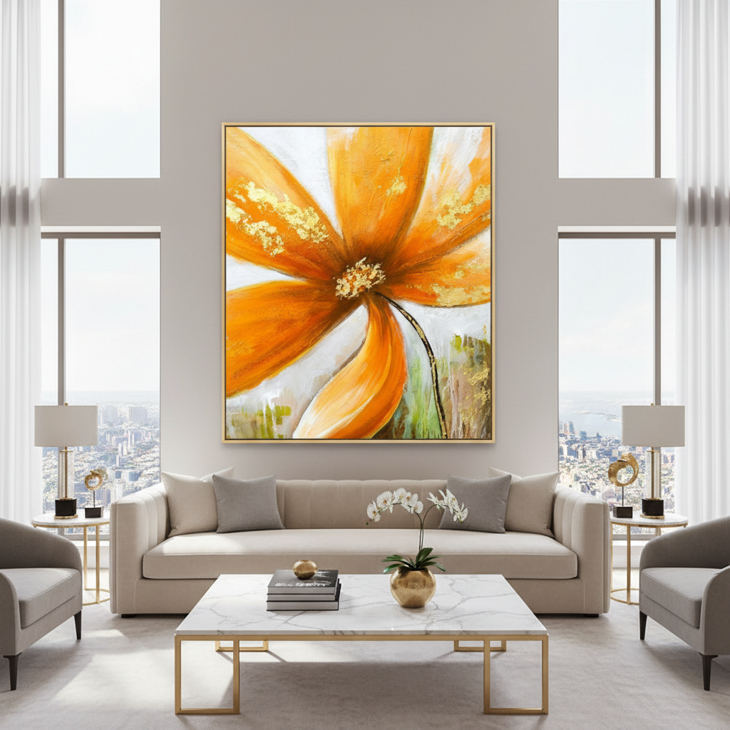 Golden orange flower gold accent oil painting in a luxury modern living room