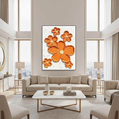 Orange sculptural flower scatter oil painting in a luxury modern living room