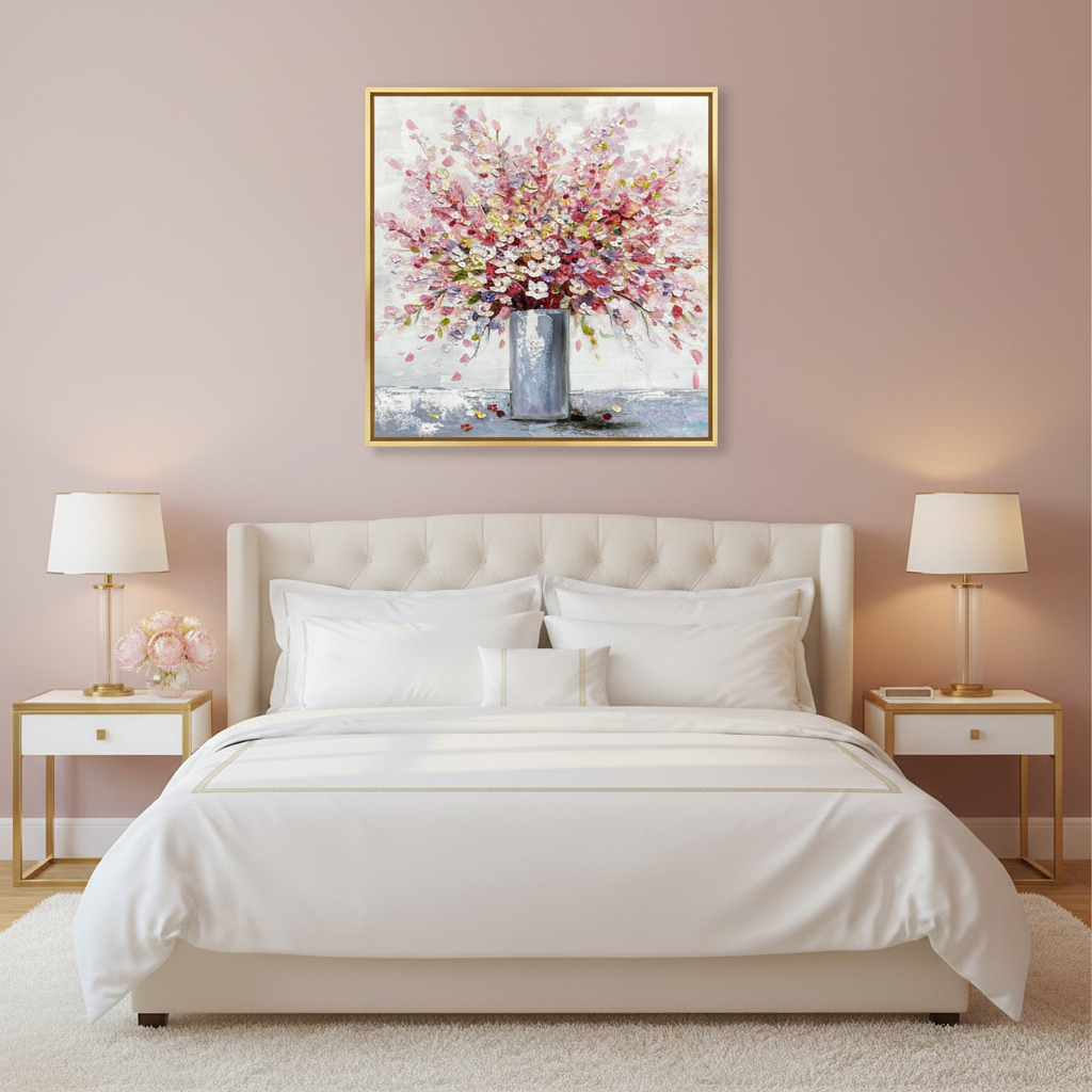Pink cherry blossom vase oil painting in a luxurious feminine bedroom
