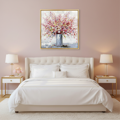 Pink cherry blossom vase oil painting in a luxurious feminine bedroom