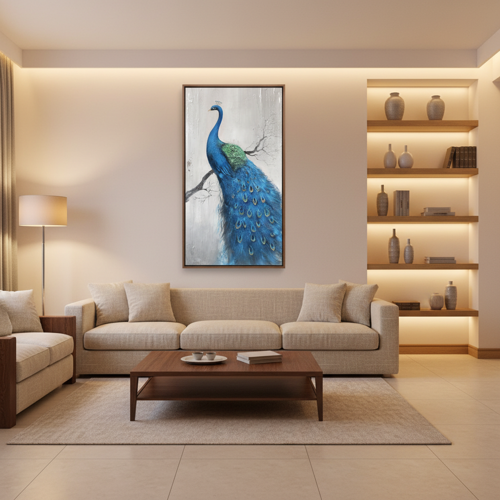 Blue peacock on branch oil painting in a warm modern living room