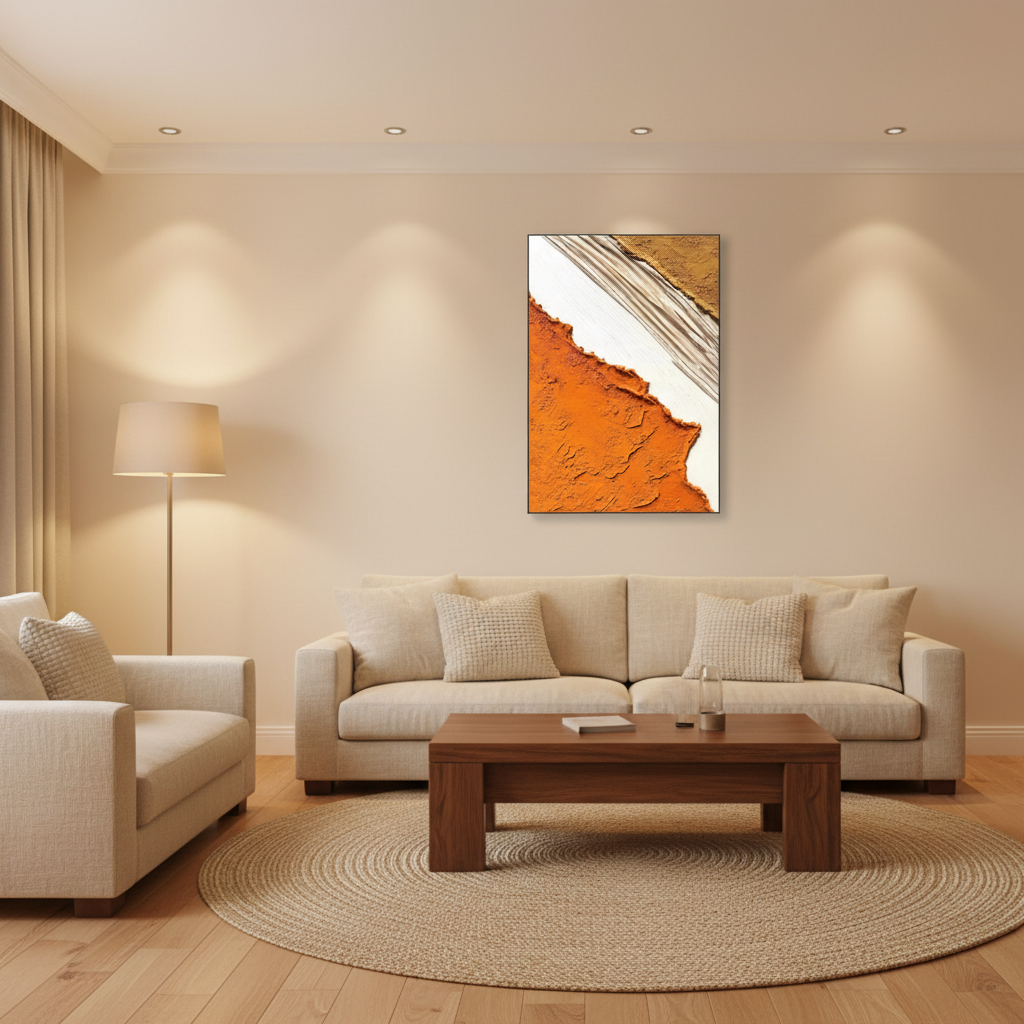 Abstract desert cut oil painting in a warm modern living room