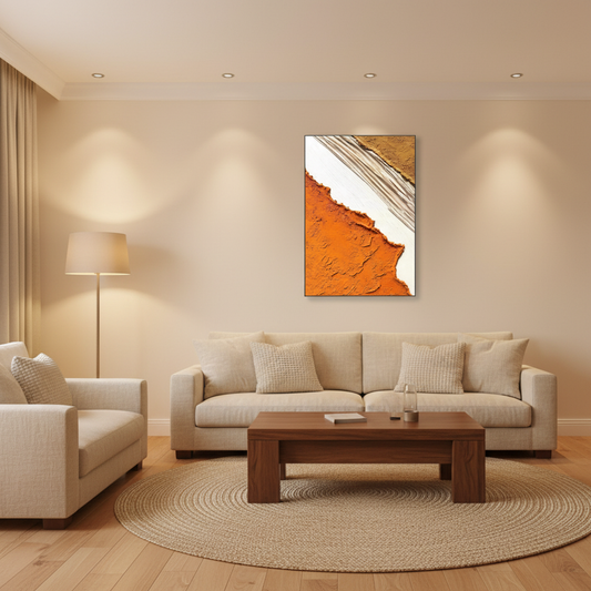 Abstract desert cut oil painting in a warm modern living room