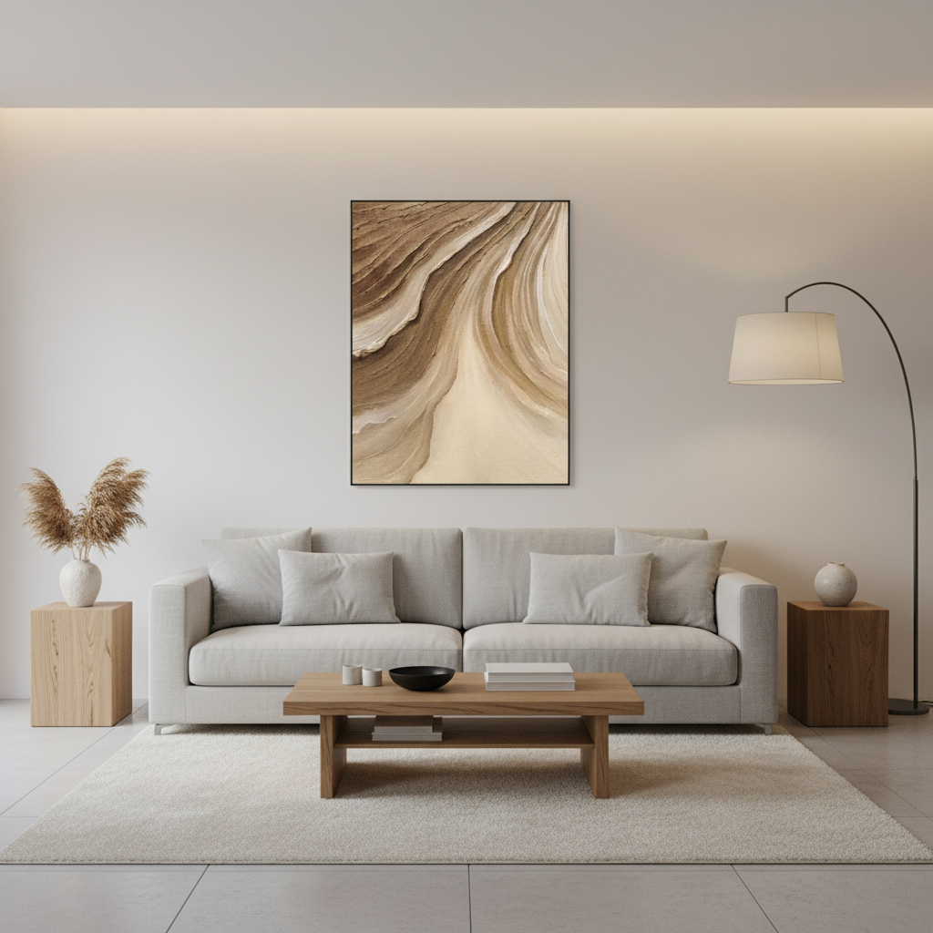 Abstract brown cream canyon strata oil painting in a Scandinavian living room