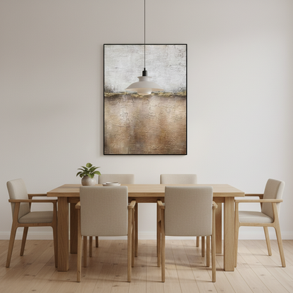 Abstract grey brown horizon landscape oil painting in a Scandinavian dining room