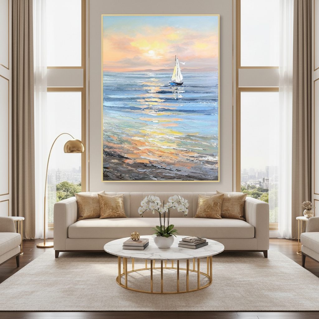 Sunrise sailboat seascape oil painting in a luxury modern living room