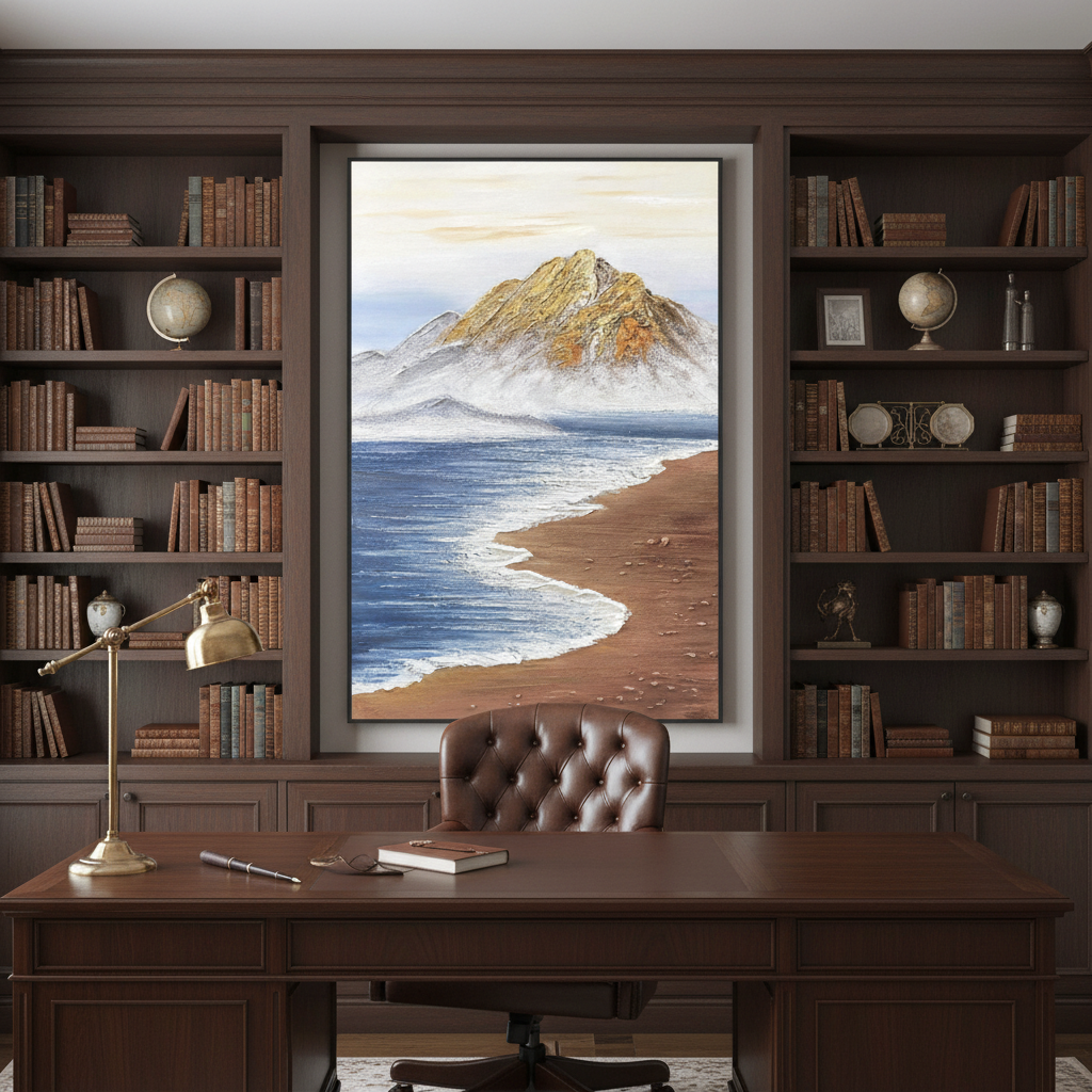 Coastal mountain bay oil painting in a sophisticated home office