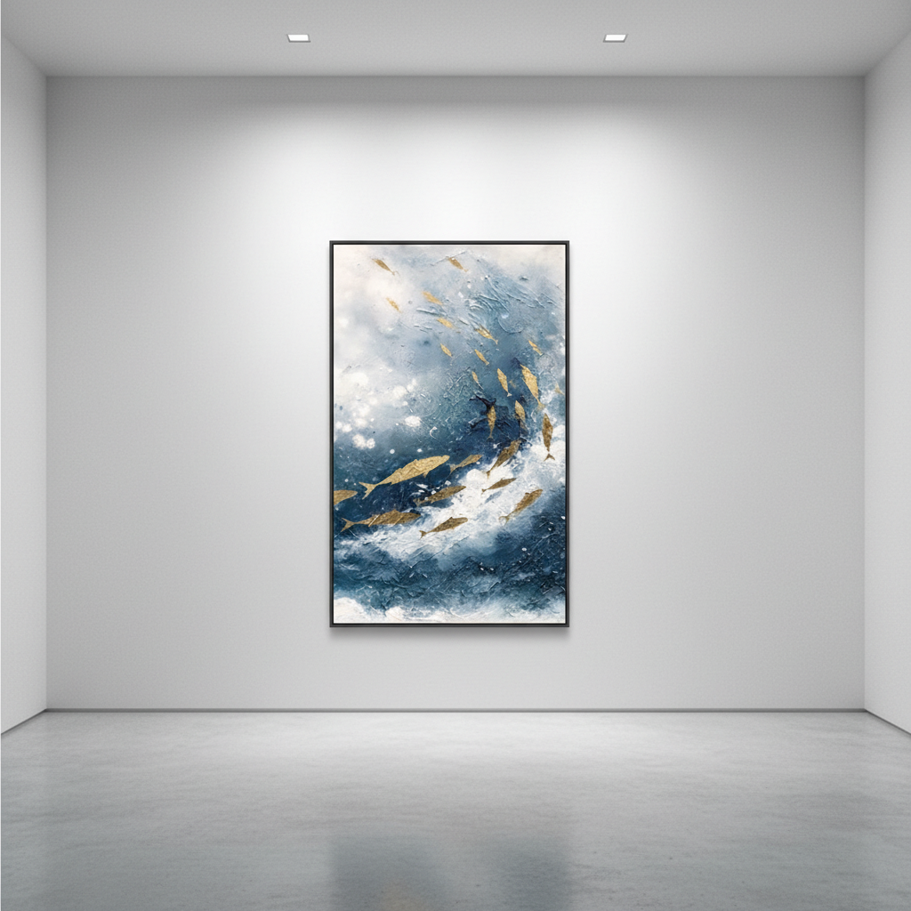 Golden fish school ocean oil painting in an art gallery