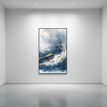 Golden fish school ocean oil painting in an art gallery