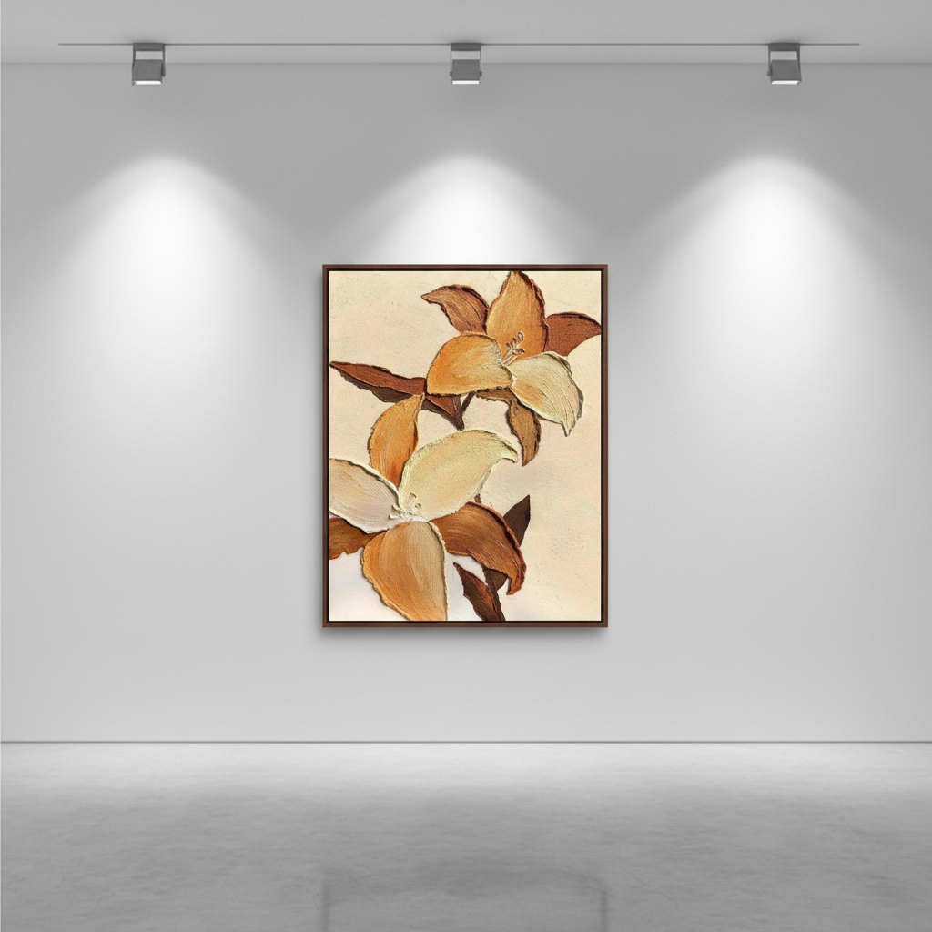 Caramel cream magnolia branch oil painting in an art gallery