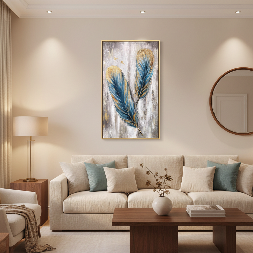 Teal blue gold feather duo oil painting in a warm modern living room