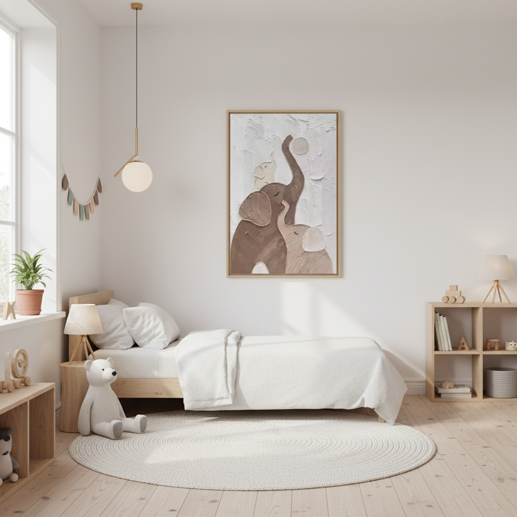 Mother elephant baby balancing ball oil painting in a Scandinavian children's bedroom