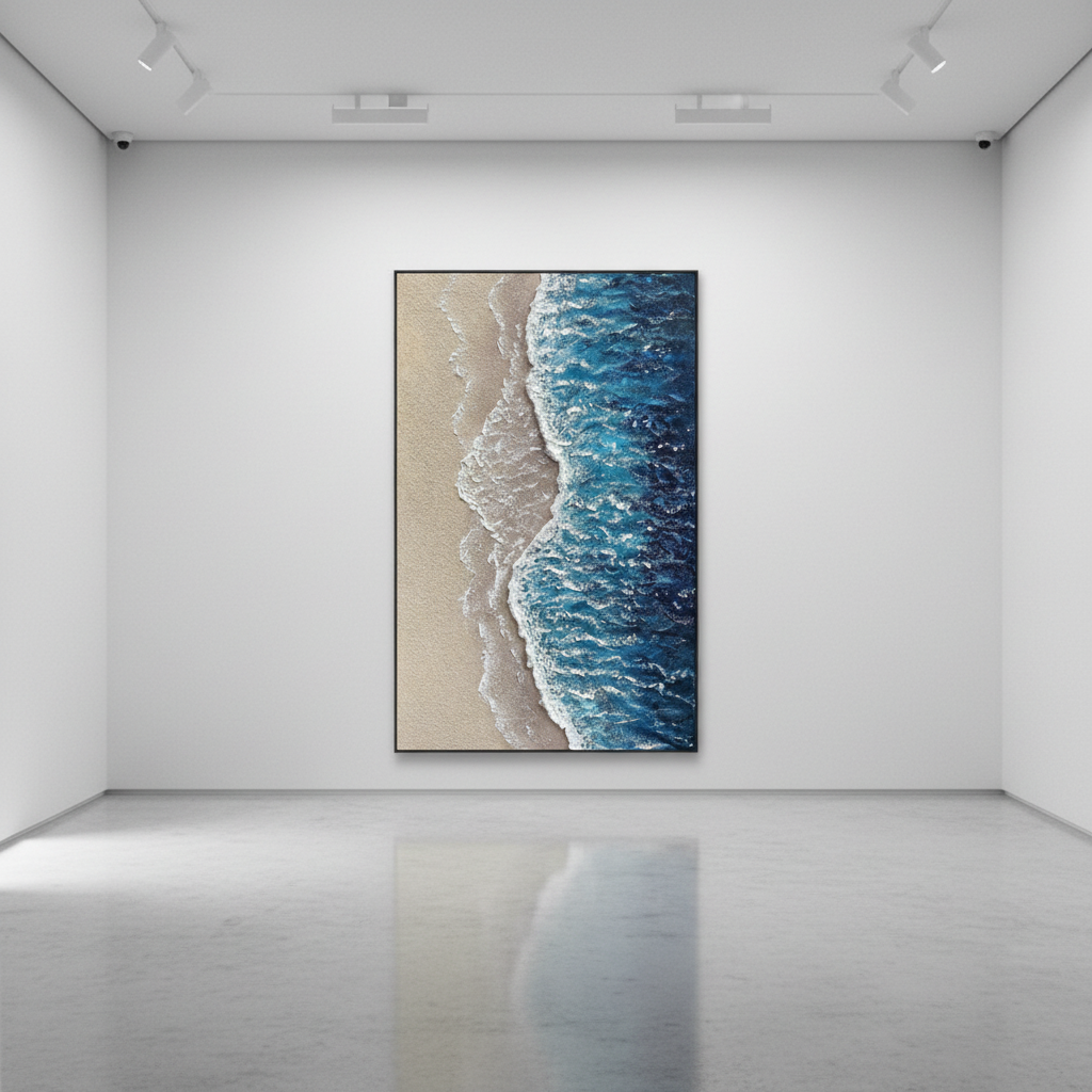 Aerial beach ocean oil painting in an art gallery
