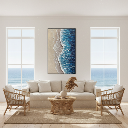 Aerial beach ocean oil painting in a coastal living room