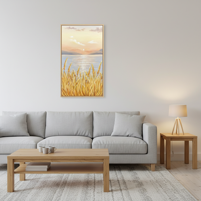 Golden reed lakeside sunset oil painting in a Scandinavian living room