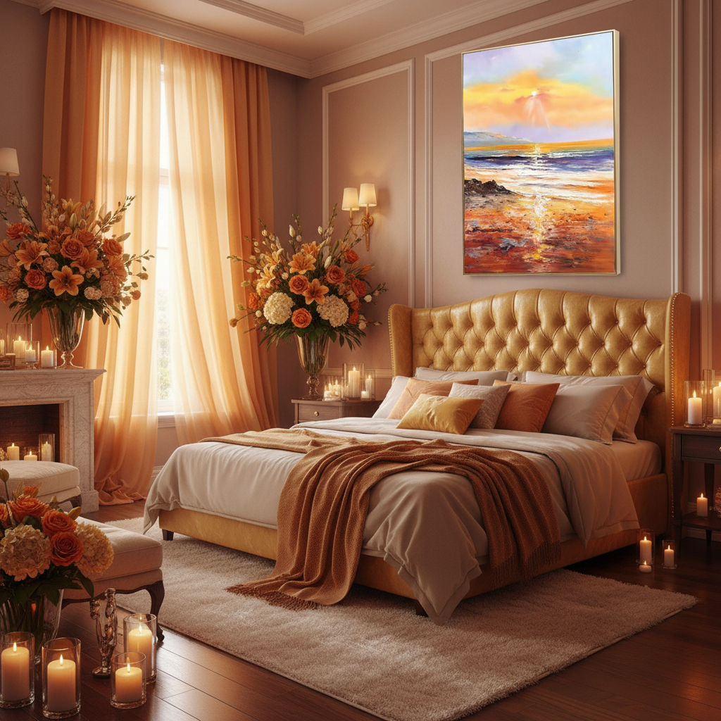 Golden sunset beach oil painting in a romantic amber bedroom