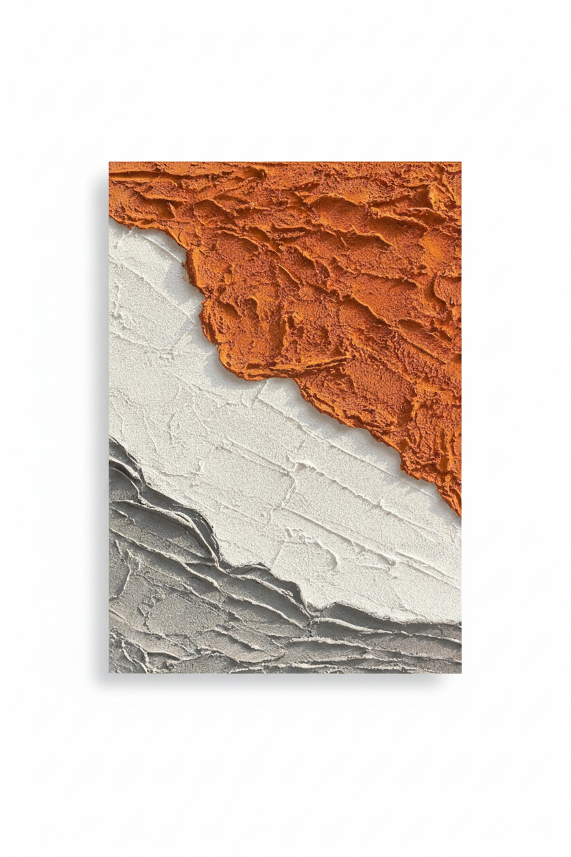 Abstract burnt orange white grey geological impasto oil painting no frame white background