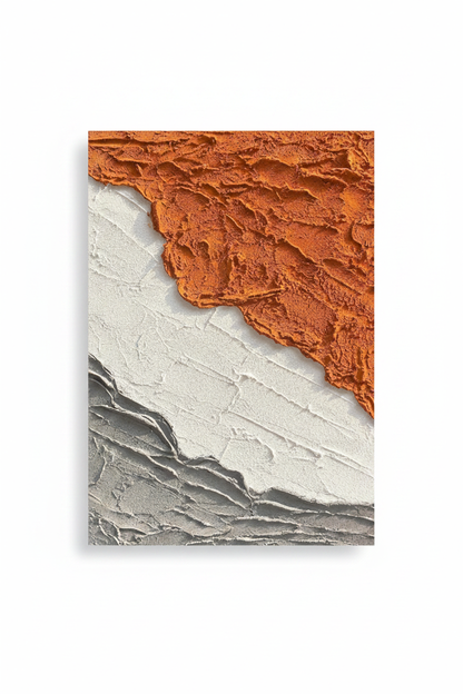 Abstract burnt orange white grey geological impasto oil painting no frame white background