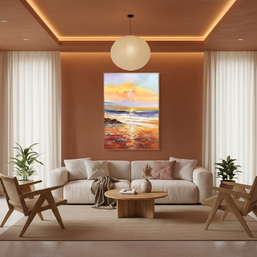 Golden sunset beach oil painting in a warm terracotta living room