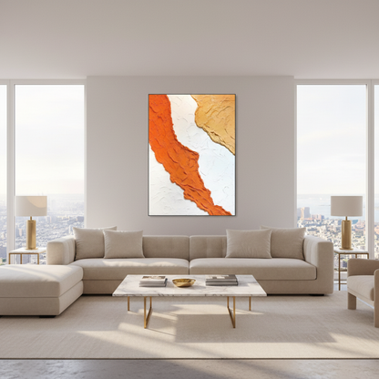Abstract orange gold river oil painting in a luxury modern living room