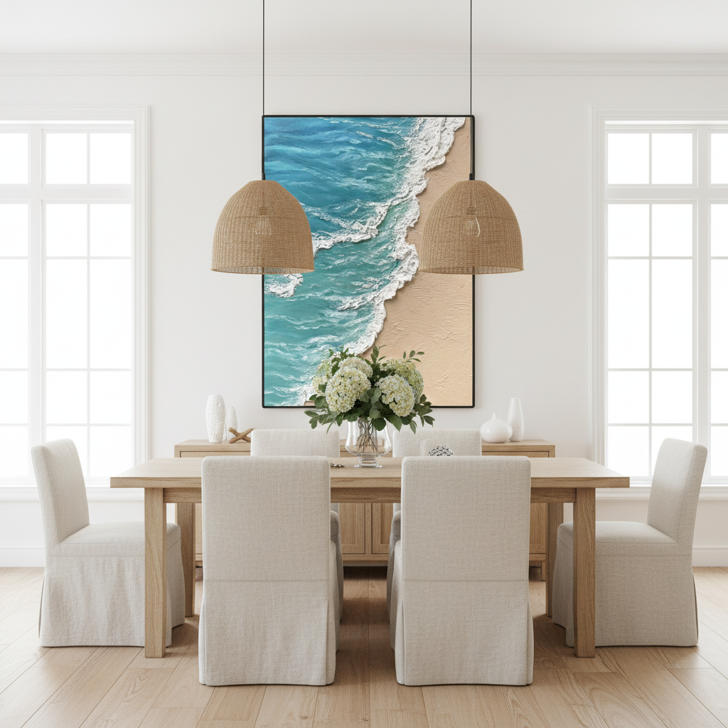 Turquoise beach oil painting in a Scandinavian dining room