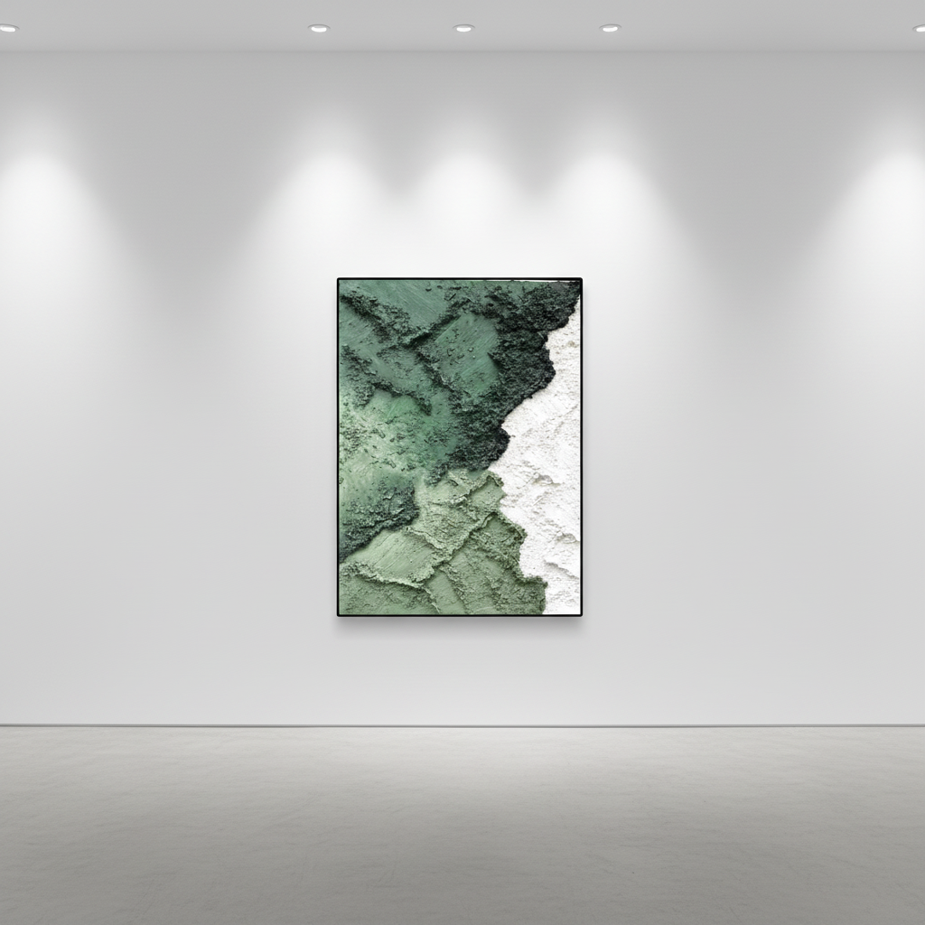 Abstract forest green white cliff oil painting in an art gallery