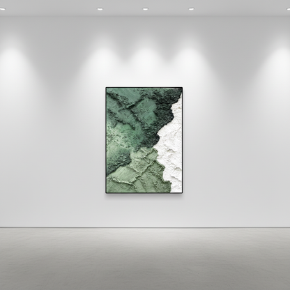 Abstract forest green white cliff oil painting in an art gallery