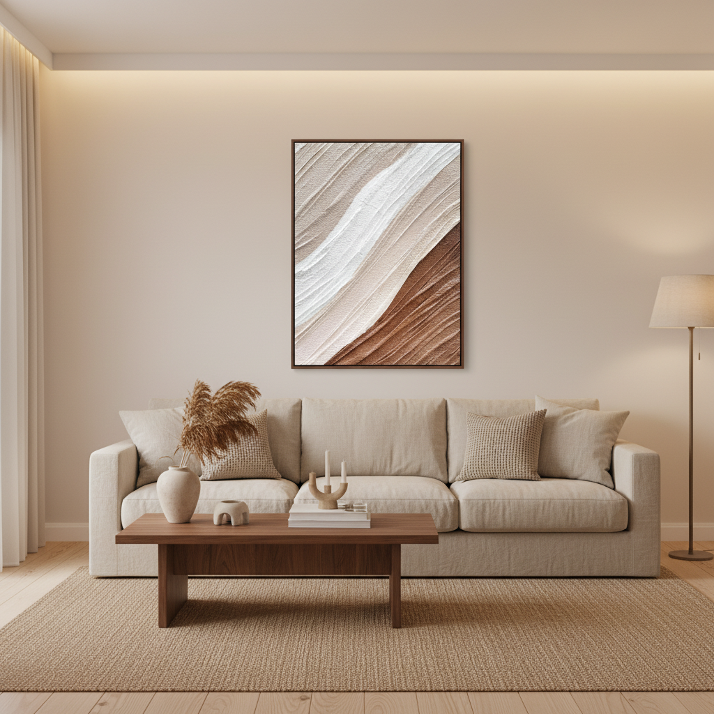 Abstract cream copper brown desert sand oil painting in a warm modern living room