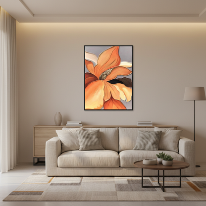 Orange iris flower oil painting in a warm modern living room