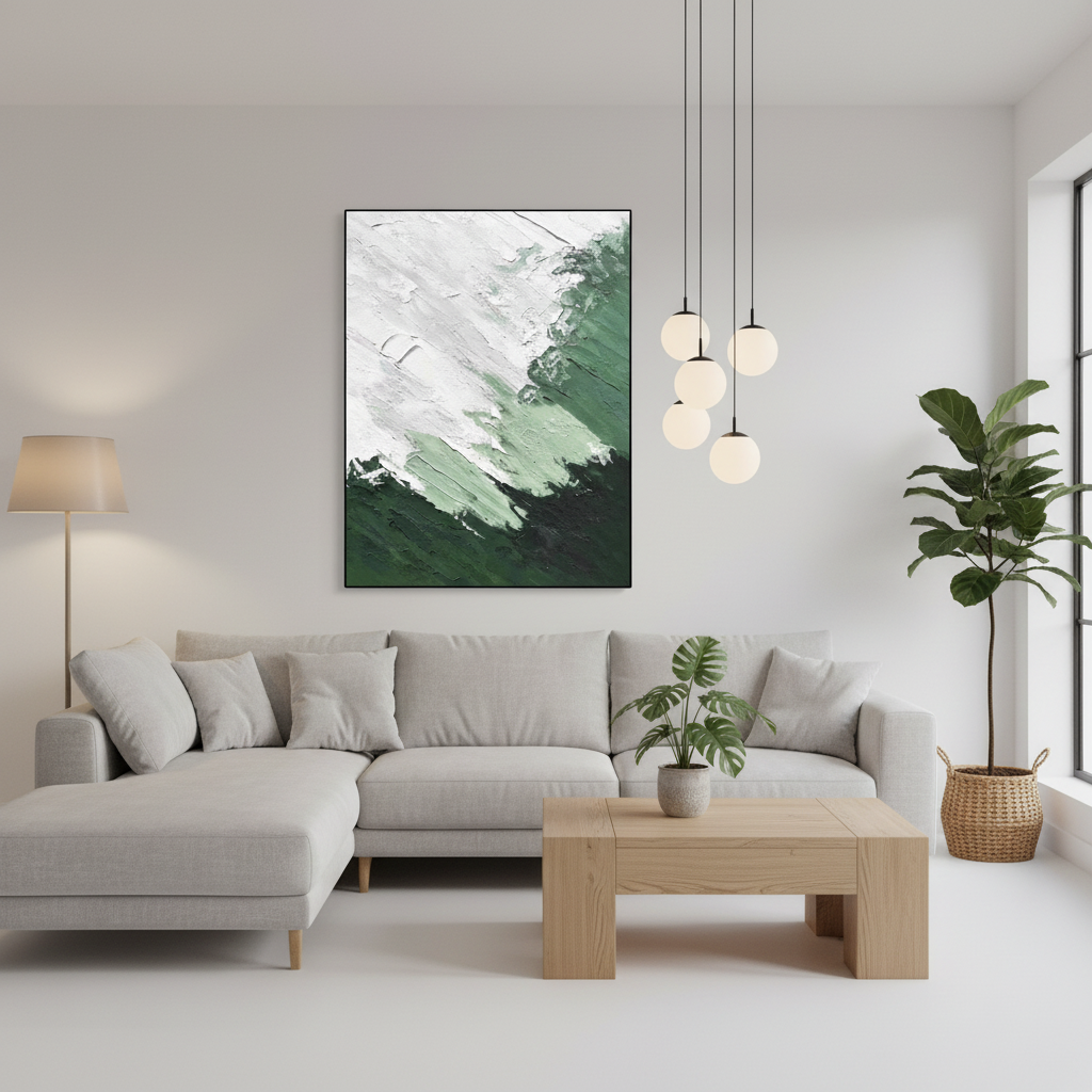 Abstract green white mountain mist oil painting in a Scandinavian living room