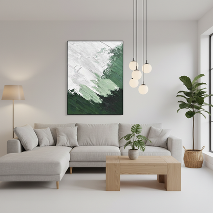 Abstract green white mountain mist oil painting in a Scandinavian living room