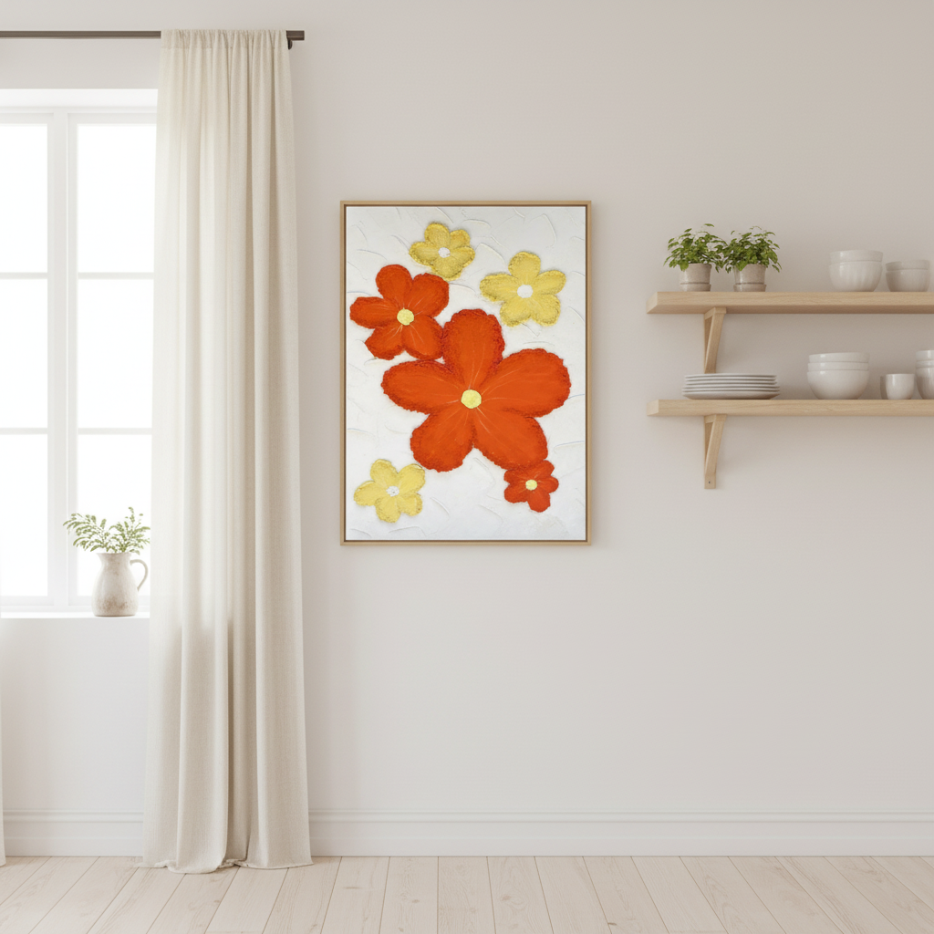 Red yellow bold flower scatter oil painting in a Scandinavian kitchen