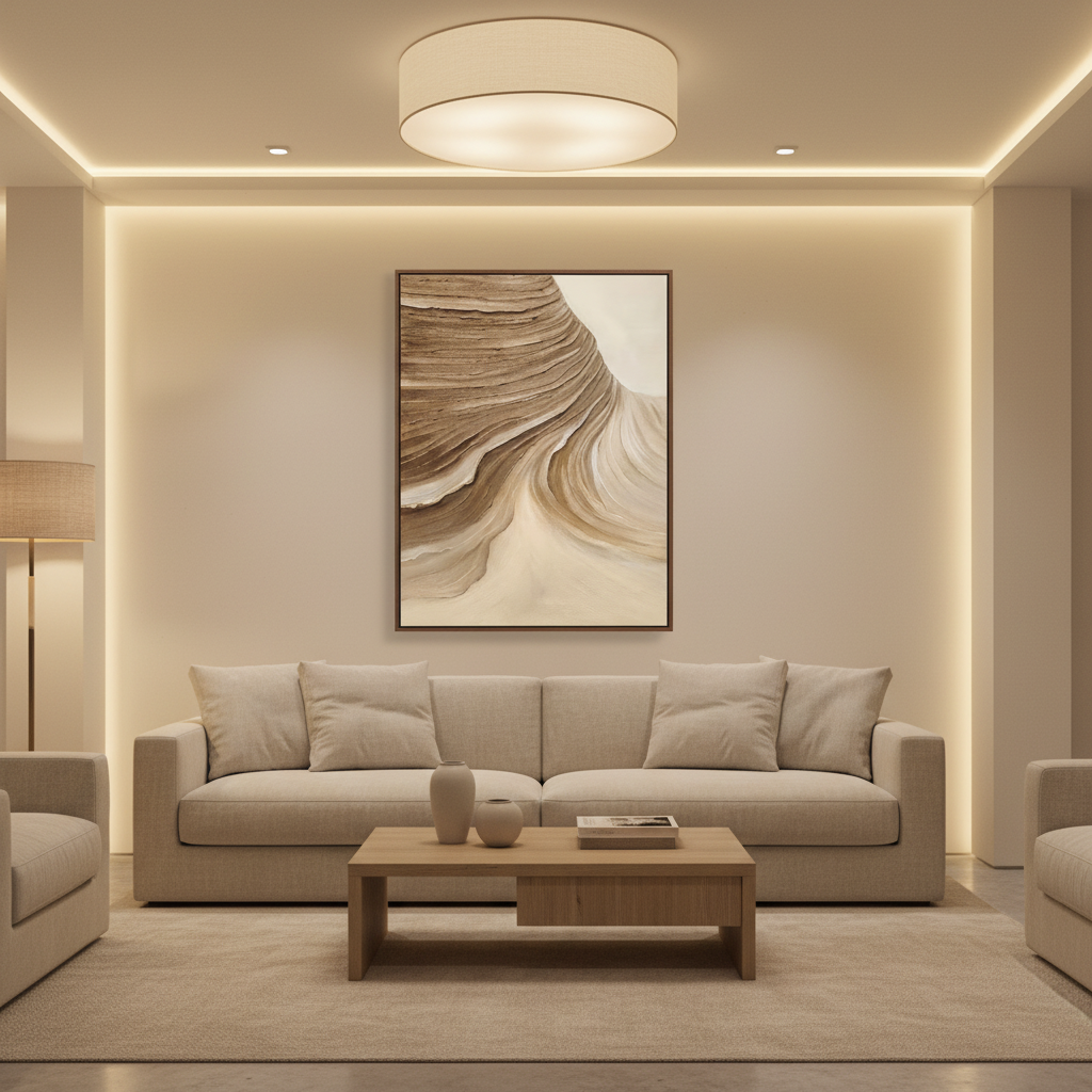 Abstract brown cream twin mesa strata oil painting in a warm modern living room