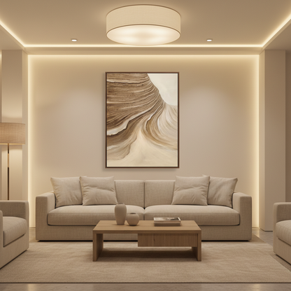 Abstract brown cream twin mesa strata oil painting in a warm modern living room